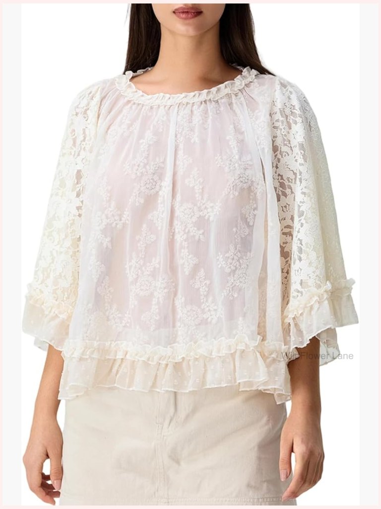Women's Boho Flowy Top 3/4 Lace Ruffle Long Sleeve Blouse Casual